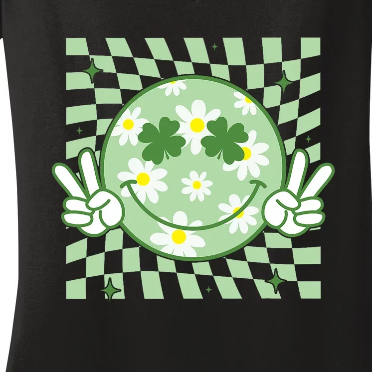 Groovy Shamrock Smile Face St Patricks Day Women's V-Neck T-Shirt