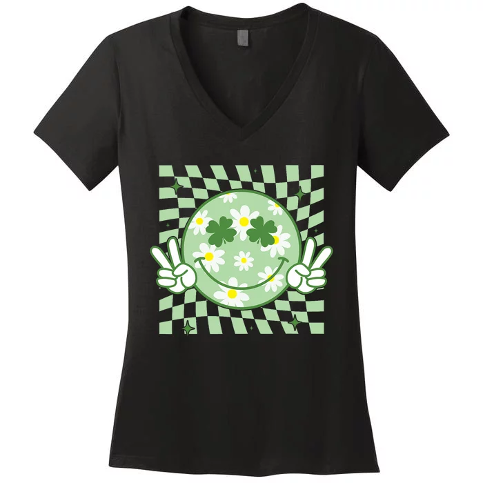 Groovy Shamrock Smile Face St Patricks Day Women's V-Neck T-Shirt