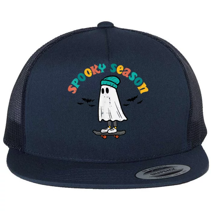 Ghost Skateboard Spooky Season Retro Halloween Costume Gift Flat Bill Trucker Hat