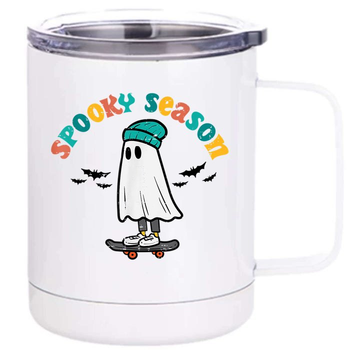 Ghost Skateboard Spooky Season Retro Halloween Costume Gift Front & Back 12oz Stainless Steel Tumbler Cup