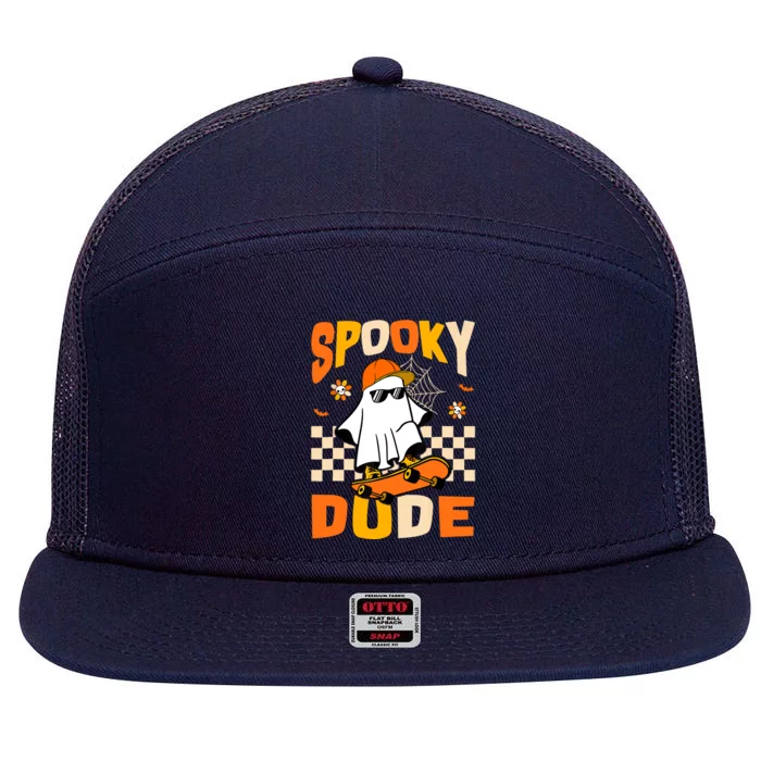 Ghost Skateboard Spooky Dude Groovy Halloween Boo Boy 7 Panel Mesh Trucker Snapback Hat