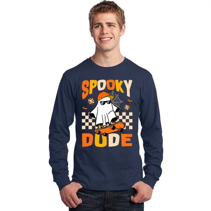 Ghost Skateboard Spooky Dude Groovy Halloween Boo Boy Tall Long Sleeve T-Shirt