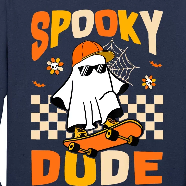 Ghost Skateboard Spooky Dude Groovy Halloween Boo Boy Tall Long Sleeve T-Shirt