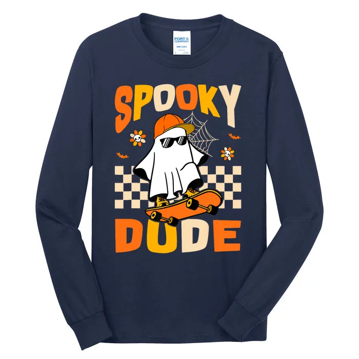 Ghost Skateboard Spooky Dude Groovy Halloween Boo Boy Tall Long Sleeve T-Shirt