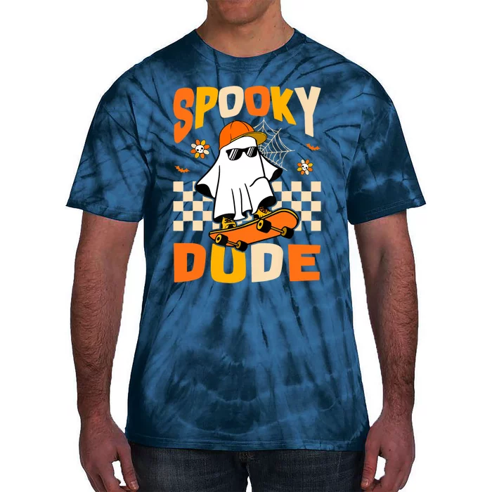 Ghost Skateboard Spooky Dude Groovy Halloween Boo Boy Tie-Dye T-Shirt