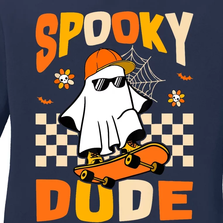 Ghost Skateboard Spooky Dude Groovy Halloween Boo Boy Ladies Long Sleeve Shirt