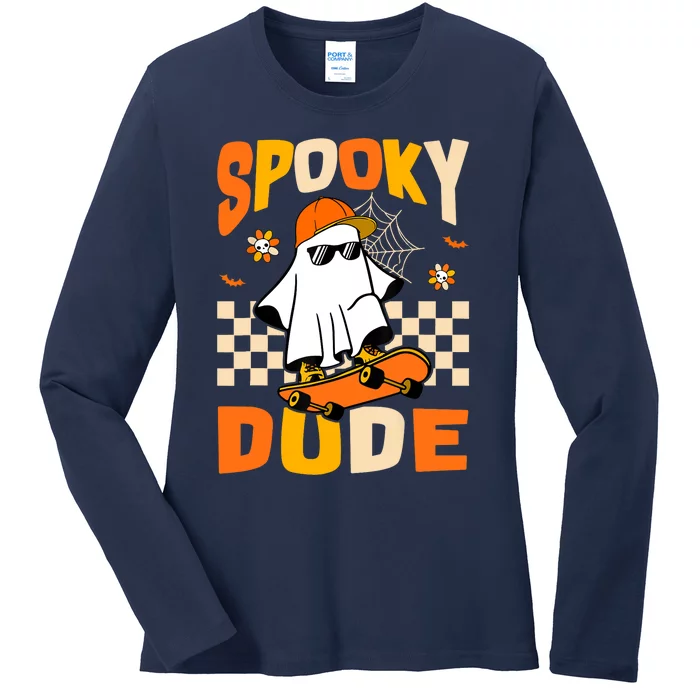 Ghost Skateboard Spooky Dude Groovy Halloween Boo Boy Ladies Long Sleeve Shirt