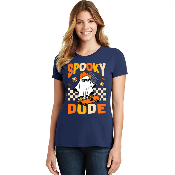 Ghost Skateboard Spooky Dude Groovy Halloween Boo Boy Women's T-Shirt