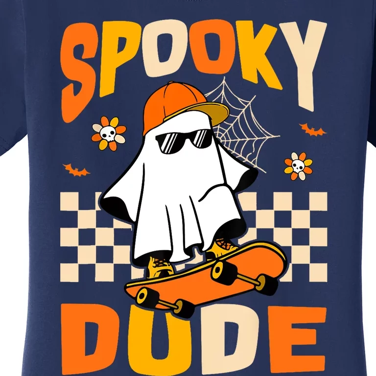 Ghost Skateboard Spooky Dude Groovy Halloween Boo Boy Women's T-Shirt