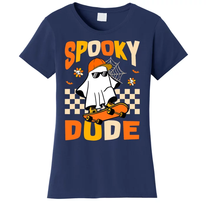 Ghost Skateboard Spooky Dude Groovy Halloween Boo Boy Women's T-Shirt