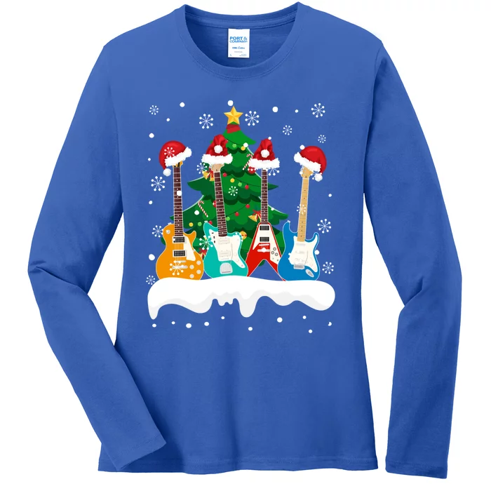 Guitar Santa Snow Christmas Tree Funny For Music Lovers Xmas Great Gift Ladies Long Sleeve Shirt