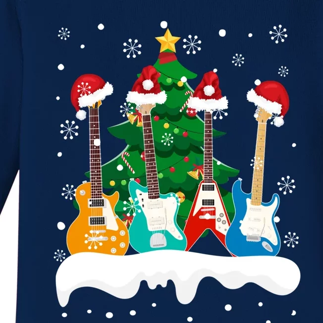 Guitar Santa Snow Christmas Tree Funny For Music Lovers Xmas Great Gift Baby Long Sleeve Bodysuit