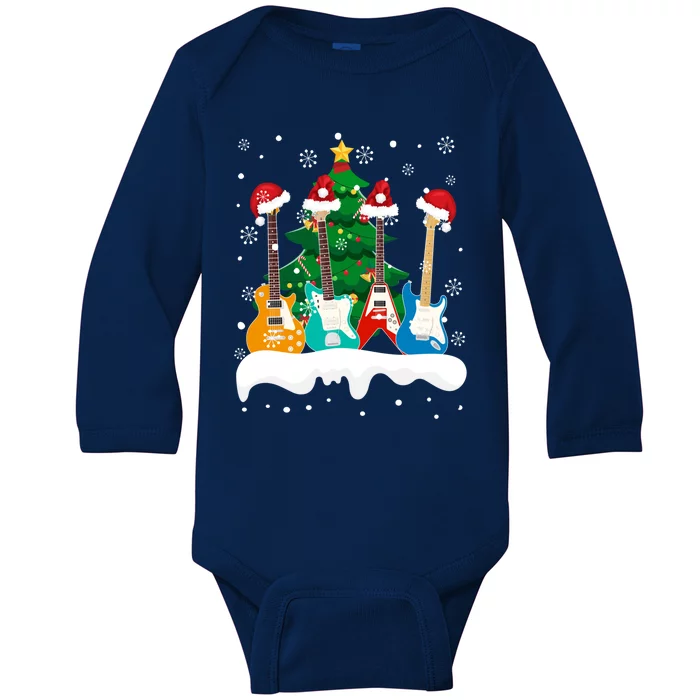 Guitar Santa Snow Christmas Tree Funny For Music Lovers Xmas Great Gift Baby Long Sleeve Bodysuit