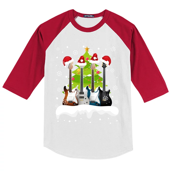 Guitar Santa Snow Christmas Tree Funny For Music Lovers Xmas Gift Kids Colorblock Raglan Jersey