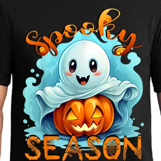 Groovy Spooky Season Cute Ghost Holding Pumpkin Halloween Pajama Set