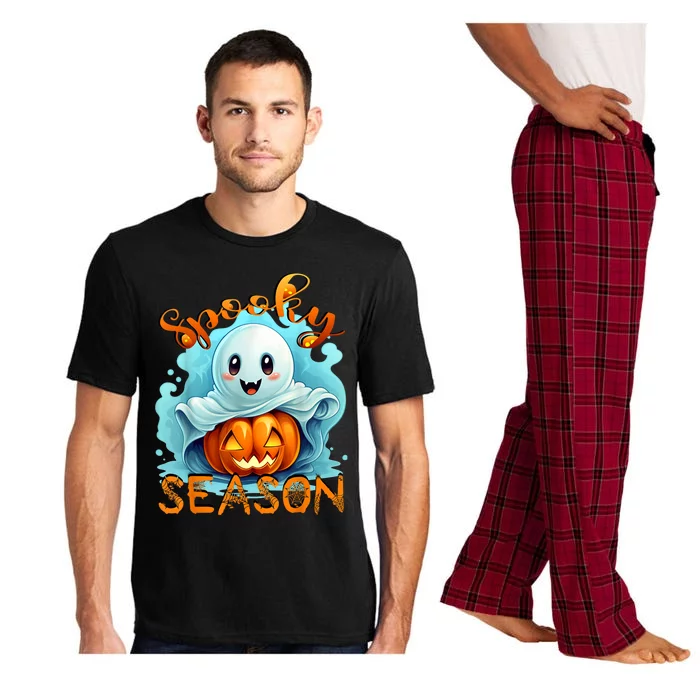 Groovy Spooky Season Cute Ghost Holding Pumpkin Halloween Pajama Set