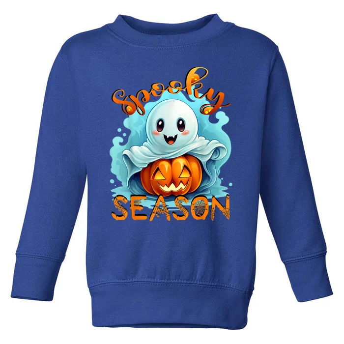 Groovy Spooky Season Cute Ghost Holding Pumpkin Halloween Toddler Sweatshirt