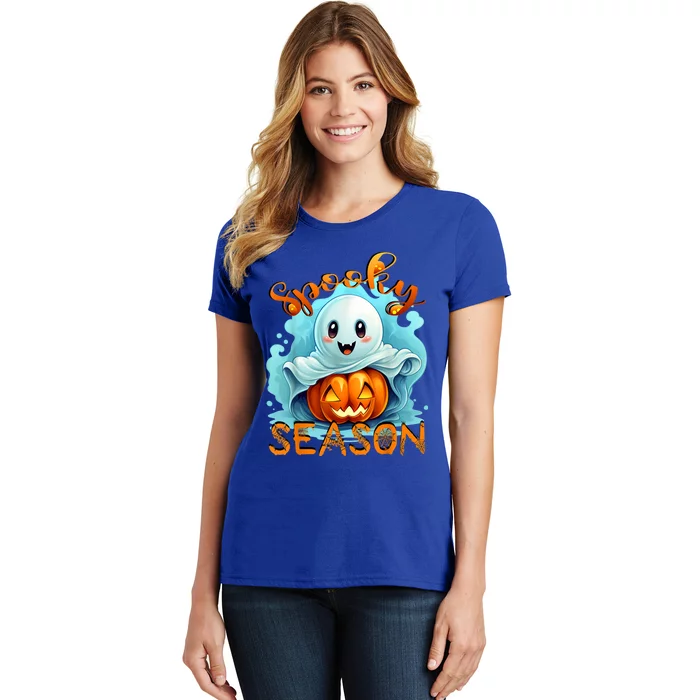 Groovy Spooky Season Cute Ghost Holding Pumpkin Halloween Women's T-Shirt