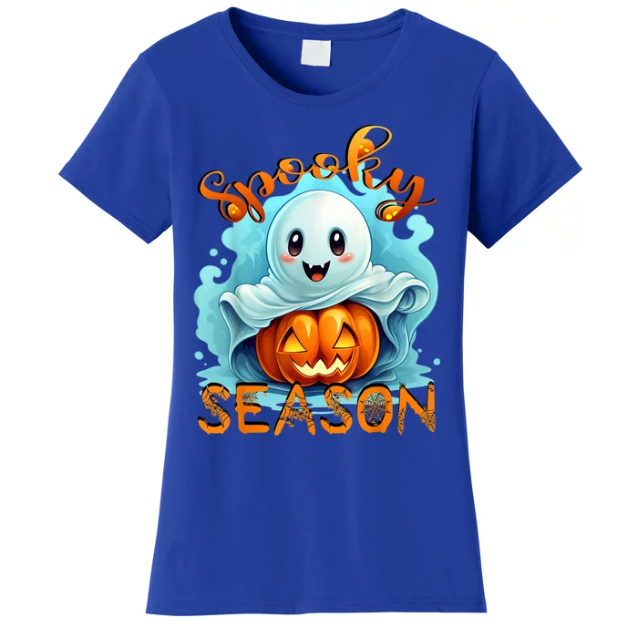 Groovy Spooky Season Cute Ghost Holding Pumpkin Halloween Women's T-Shirt