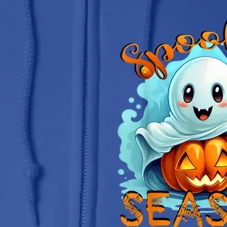 Groovy Spooky Season Cute Ghost Holding Pumpkin Halloween Full Zip Hoodie