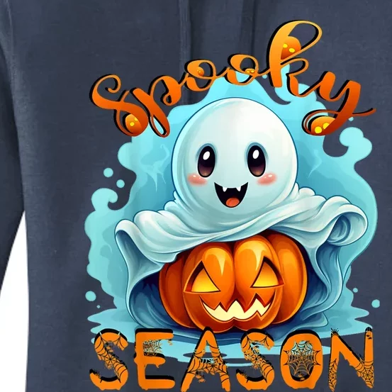 Groovy Spooky Season Cute Ghost Holding Pumpkin Halloween Women's Pullover Hoodie