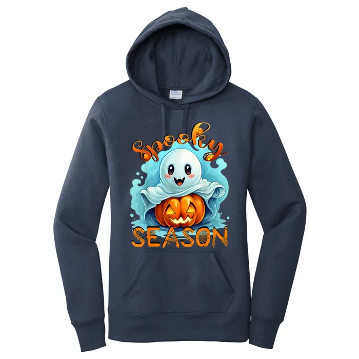 Groovy Spooky Season Cute Ghost Holding Pumpkin Halloween Women's Pullover Hoodie