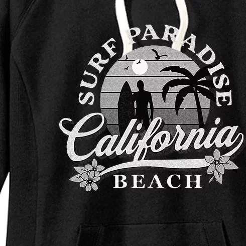 Grey Scale Surfing Design Surf Paradise At California Beach Women's Fleece Hoodie