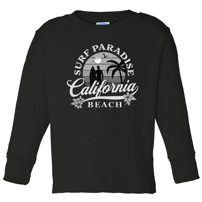 Grey Scale Surfing Design Surf Paradise At California Beach Toddler Long Sleeve Shirt