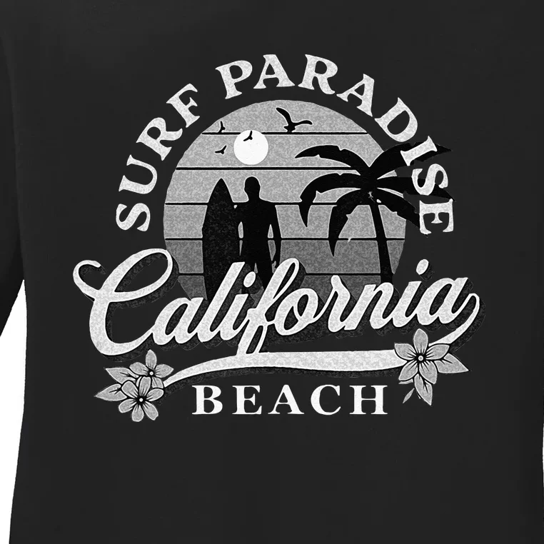 Grey Scale Surfing Design Surf Paradise At California Beach Ladies Long Sleeve Shirt