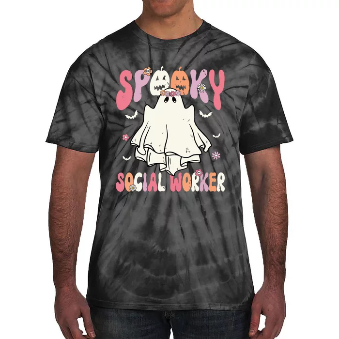 Groovy Spooky Social Worker Women Halloween Cute Ghost Tie-Dye T-Shirt