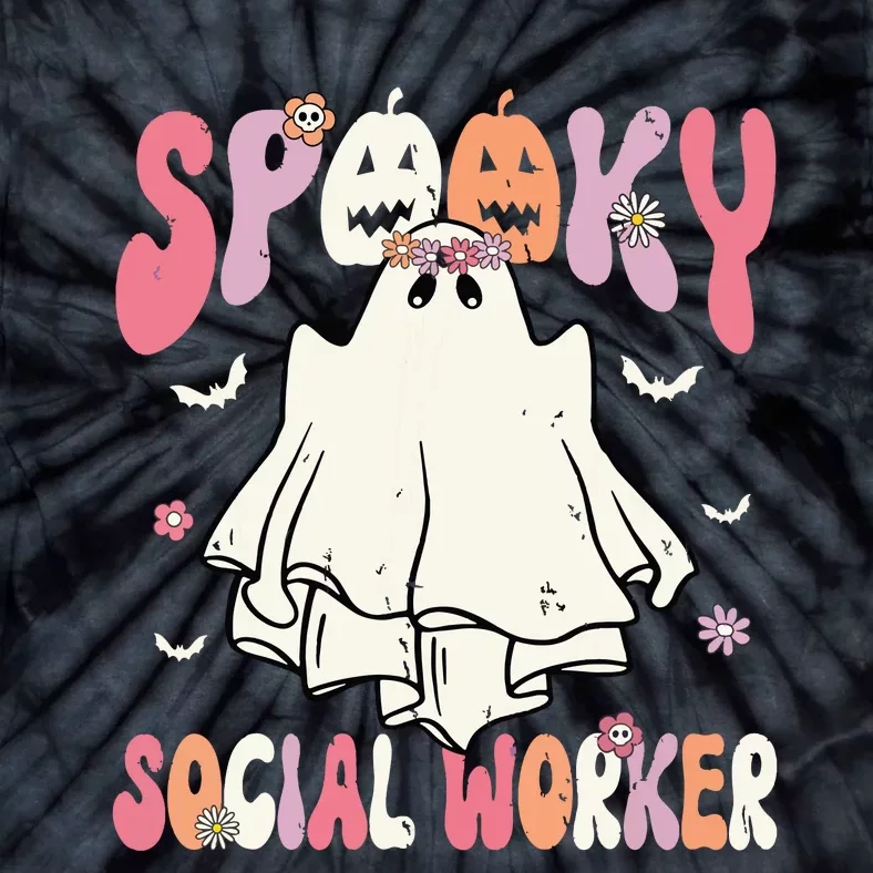 Groovy Spooky Social Worker Women Halloween Cute Ghost Tie-Dye T-Shirt