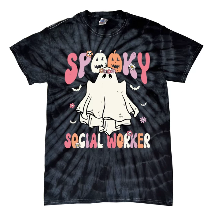 Groovy Spooky Social Worker Women Halloween Cute Ghost Tie-Dye T-Shirt