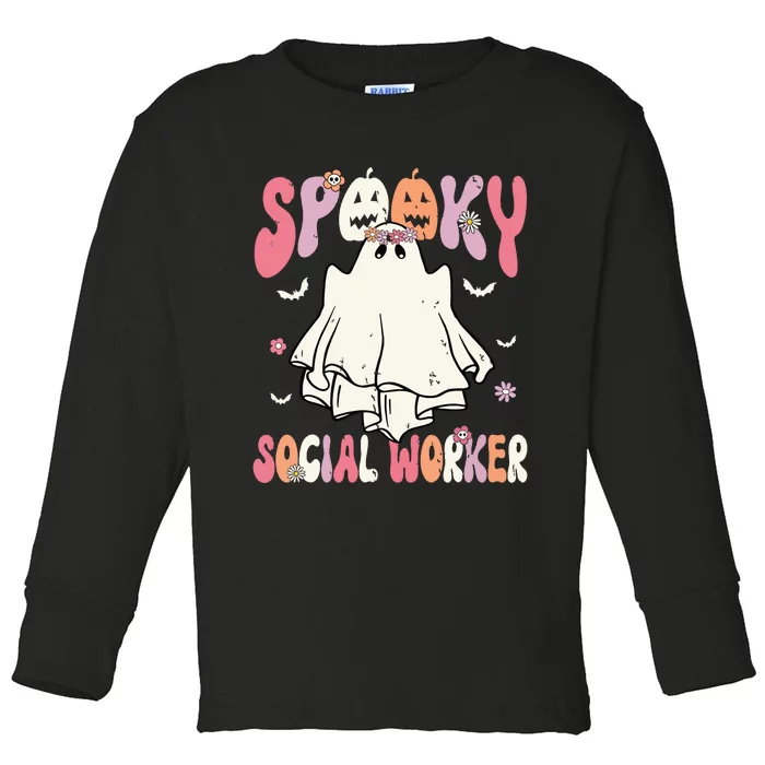 Groovy Spooky Social Worker Women Halloween Cute Ghost Toddler Long Sleeve Shirt