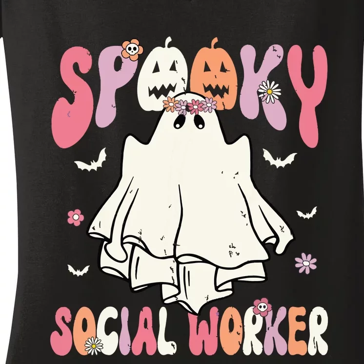 Groovy Spooky Social Worker Women Halloween Cute Ghost Women's V-Neck T-Shirt