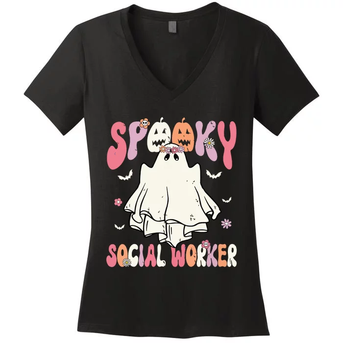 Groovy Spooky Social Worker Women Halloween Cute Ghost Women's V-Neck T-Shirt