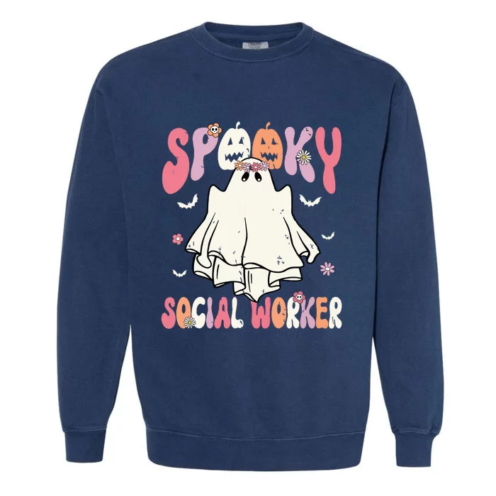 Groovy Spooky Social Worker Women Halloween Cute Ghost Garment-Dyed Sweatshirt