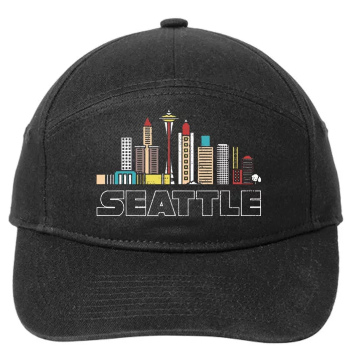 Grunge Seattle Skyline Distressed Look Design 7-Panel Snapback Hat