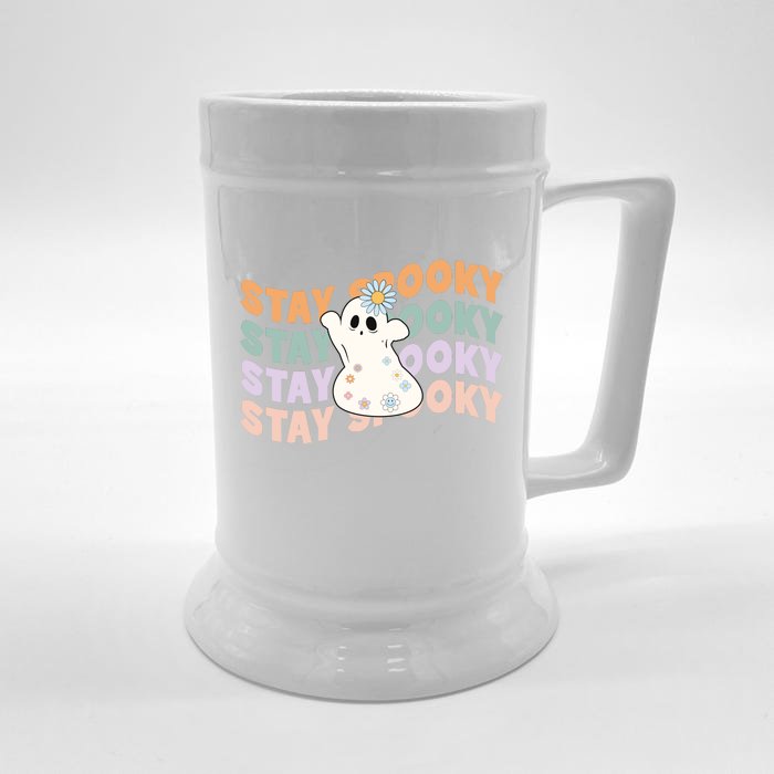 Groovy Stay Spooky Vibes Retro Floral Ghost Hippie Halloween Front & Back Beer Stein