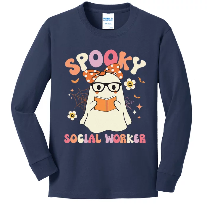 Groovy Spooky Social Worker Ghost Vintage Halloween Costume Kids Long Sleeve Shirt