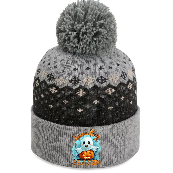 Groovy Spooky Season Cute Ghost Holding Pumpkin Halloween The Baniff Cuffed Pom Beanie