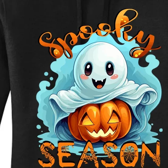 Groovy Spooky Season Cute Ghost Holding Pumpkin Halloween Women's Pullover Hoodie