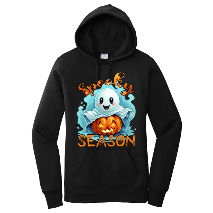 Groovy Spooky Season Cute Ghost Holding Pumpkin Halloween Women's Pullover Hoodie