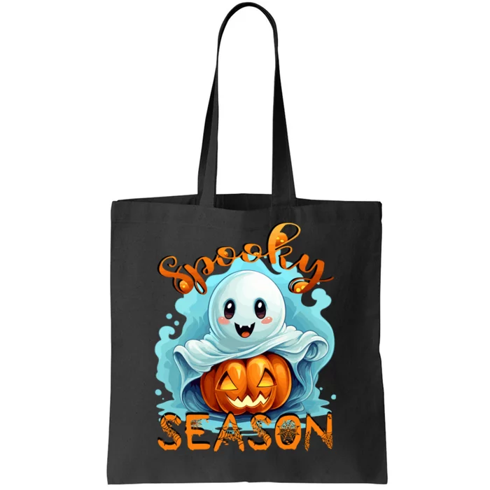 Groovy Spooky Season Cute Ghost Holding Pumpkin Halloween Tote Bag