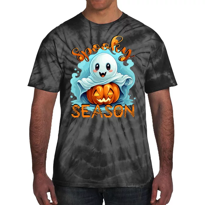 Groovy Spooky Season Cute Ghost Holding Pumpkin Halloween Tie-Dye T-Shirt