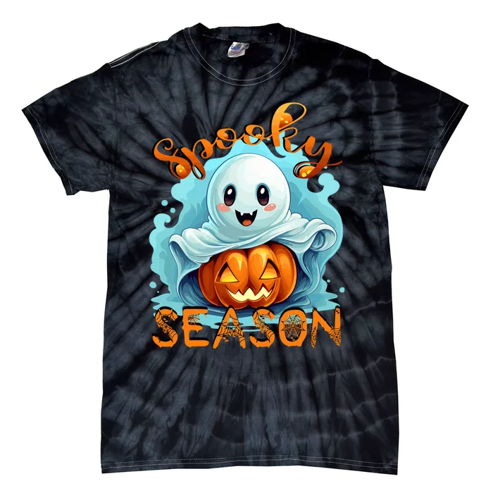 Groovy Spooky Season Cute Ghost Holding Pumpkin Halloween Tie-Dye T-Shirt