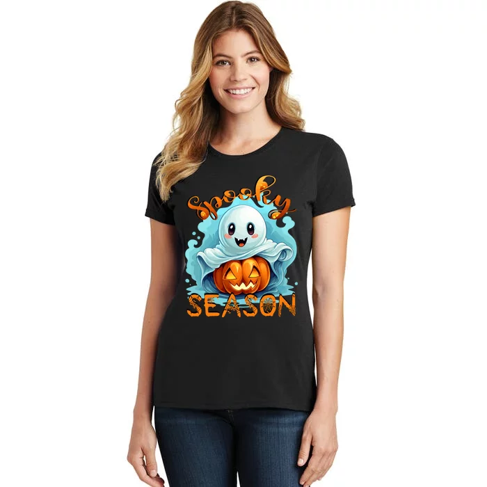 Groovy Spooky Season Cute Ghost Holding Pumpkin Halloween Women's T-Shirt