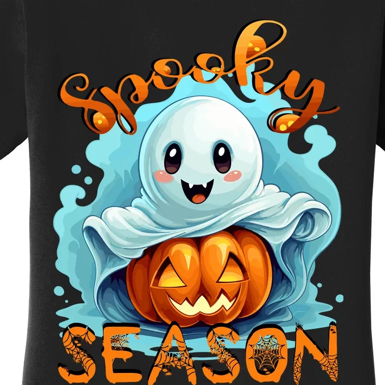 Groovy Spooky Season Cute Ghost Holding Pumpkin Halloween Women's T-Shirt