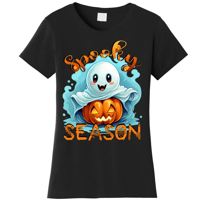 Groovy Spooky Season Cute Ghost Holding Pumpkin Halloween Women's T-Shirt