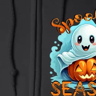 Groovy Spooky Season Cute Ghost Holding Pumpkin Halloween Full Zip Hoodie