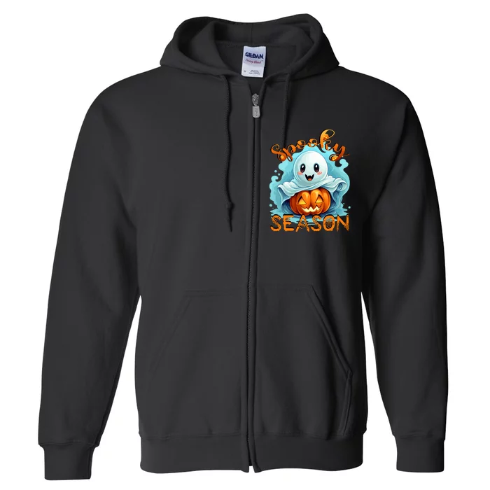 Groovy Spooky Season Cute Ghost Holding Pumpkin Halloween Full Zip Hoodie